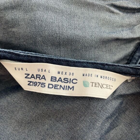 Zara Chambray Maxi Dress Sleeveless High Neck Classic Sz Large Blue Tencel - Picture 7 of 7